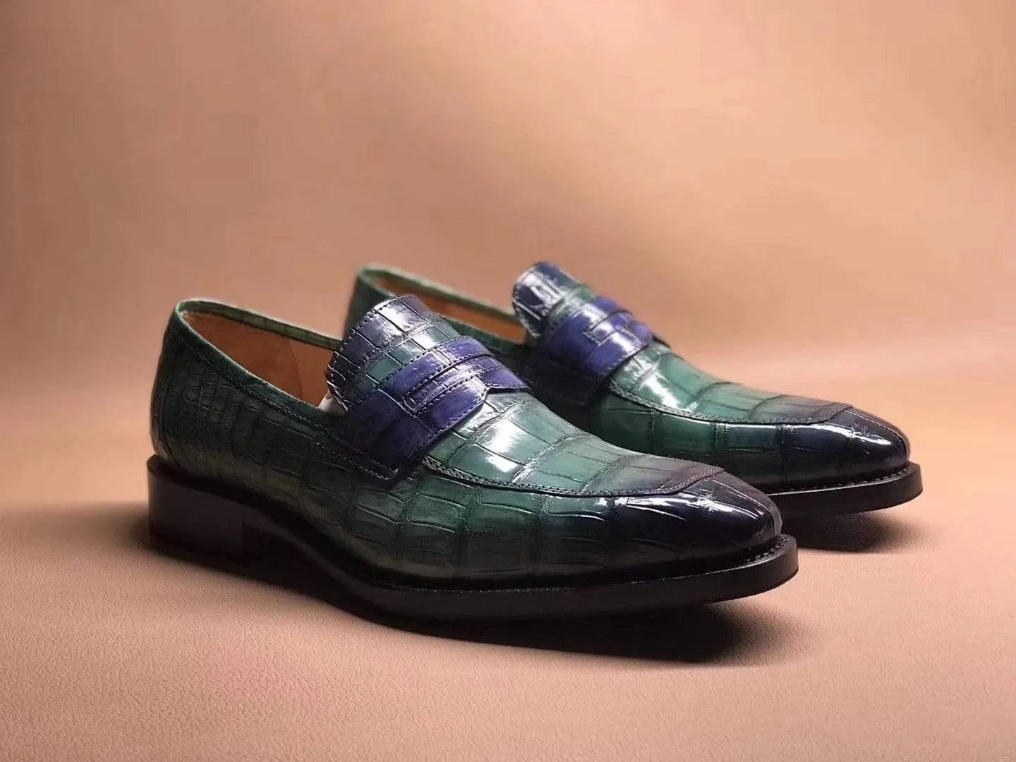 Crocodile Shoes Green Men's Crocodile Leather Loafers,Slip-Ons Diving Shoes, Penny Loafers Shoes