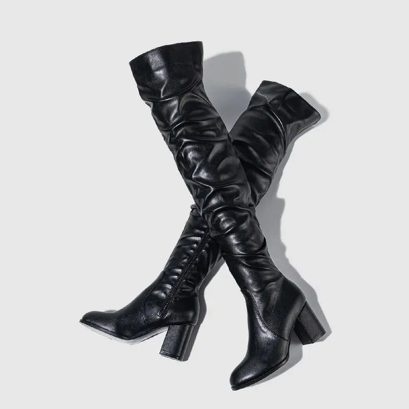 Designer Pleated Over-the-Heels Runway Round Toe Zipper Knee High Boots