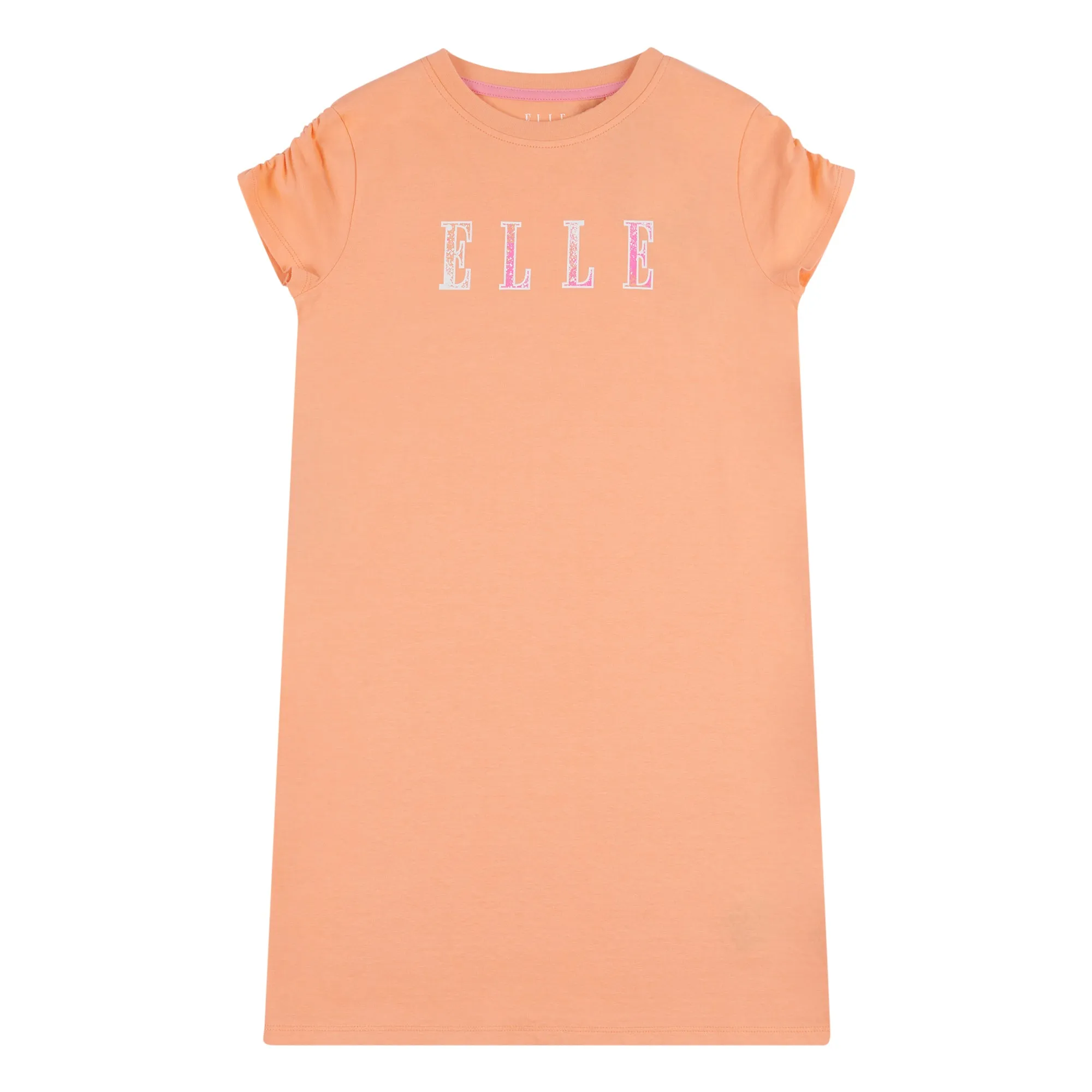 ELLE Girls Cantaloupe Ruche Cap Sleeve Logo Dress