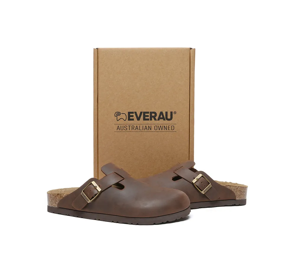 EVERAU® Men Leather Adjustable Buckled Straps Slip-on Flat Sandal Slides Brooklyn