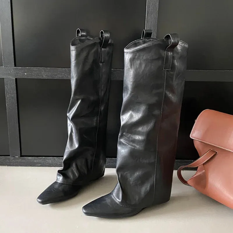 Fashion Wedges Heels Pleated Pointed Toe Design Style Ladies Knee High Boots