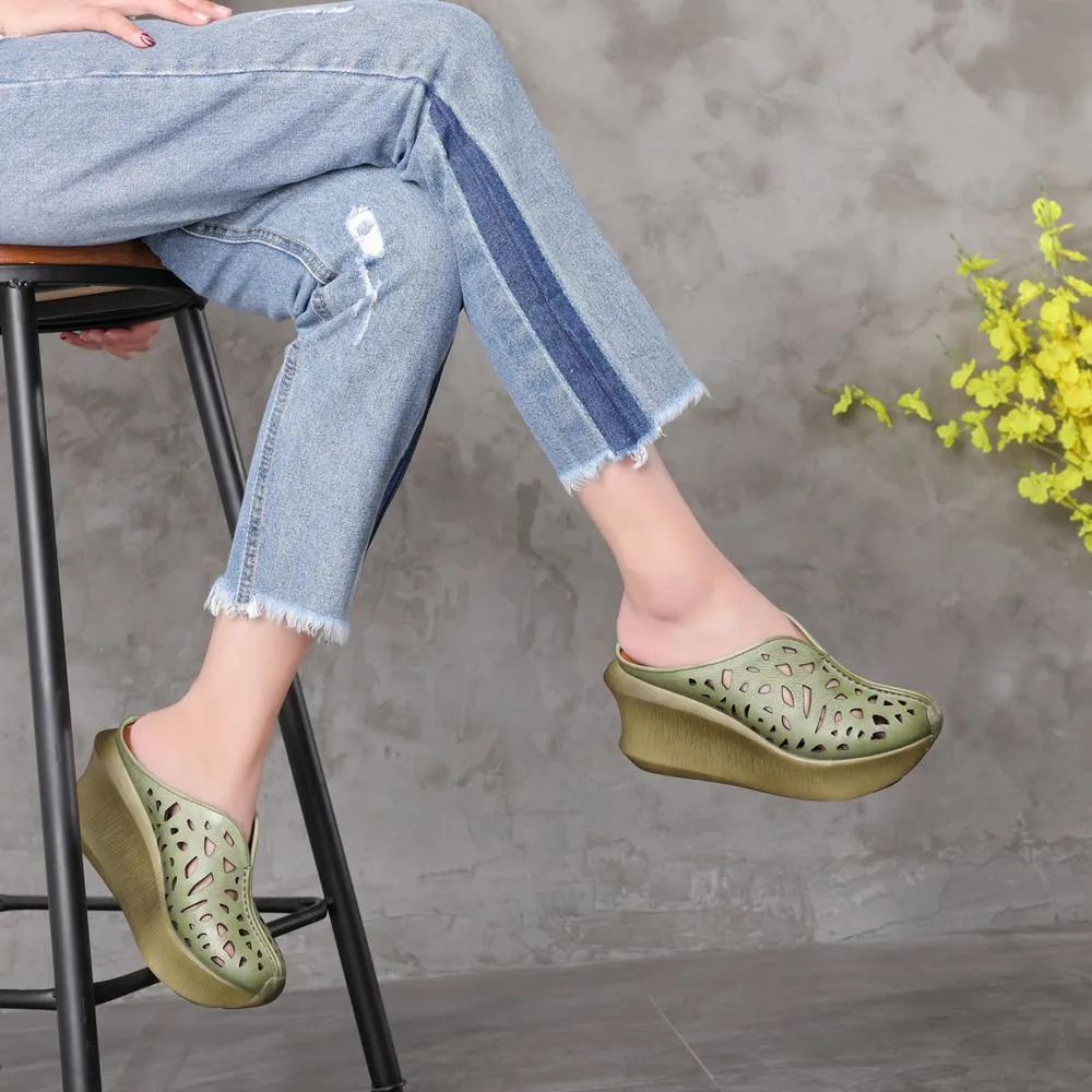 Genuine Leather Platform Slippers Handmade Thick Heel Hollow Pattern Slip-Ons Caramel/Green