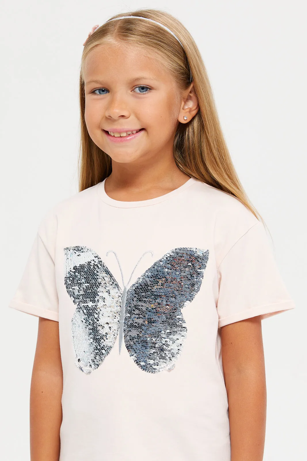 Girls Apricot Butterfly Sequins T-Shirt