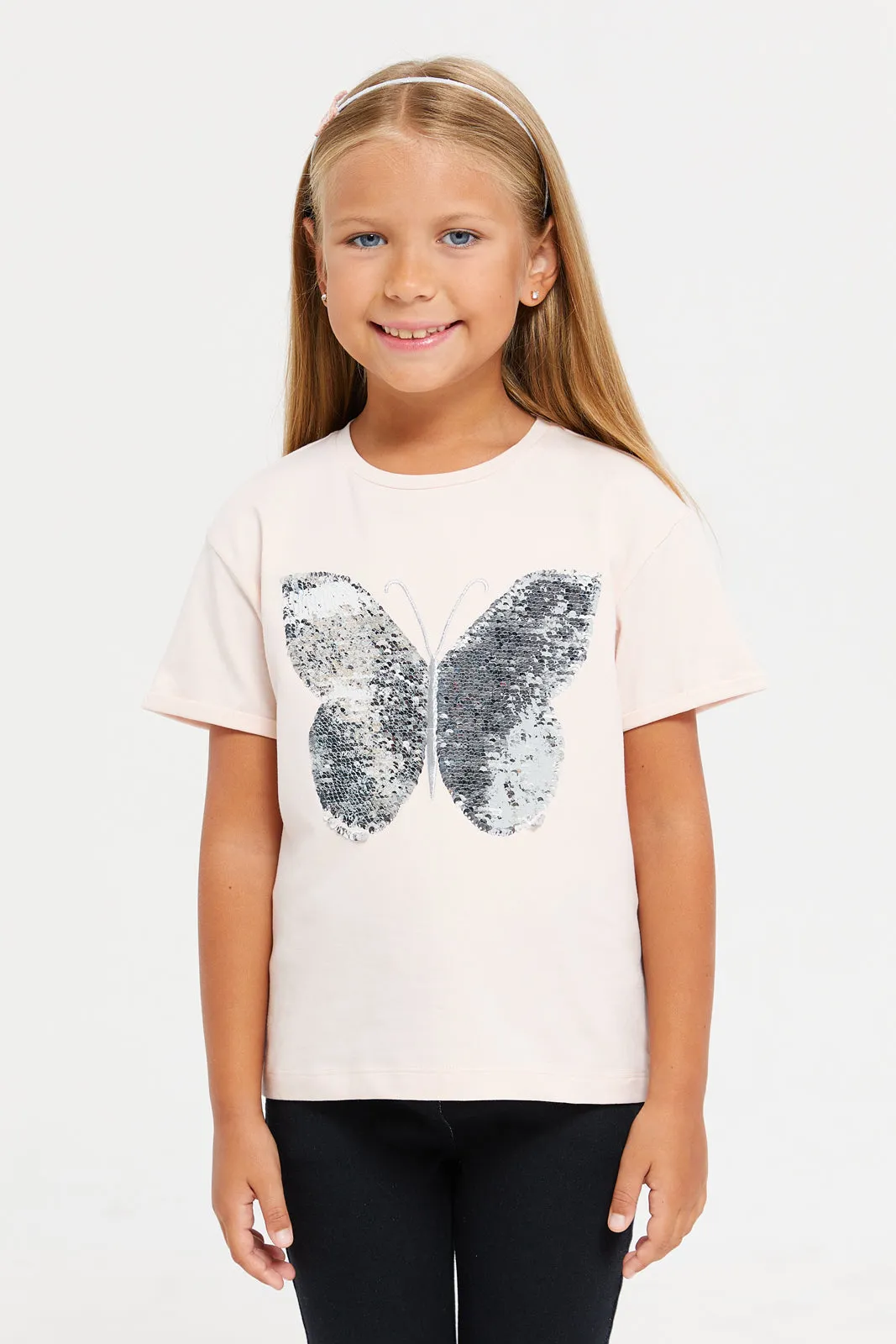 Girls Apricot Butterfly Sequins T-Shirt