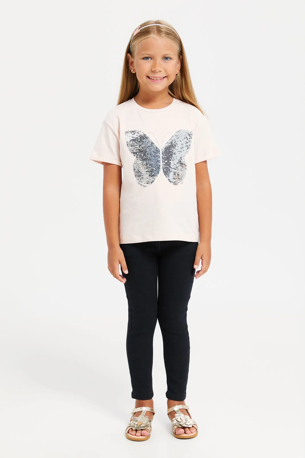 Girls Apricot Butterfly Sequins T-Shirt