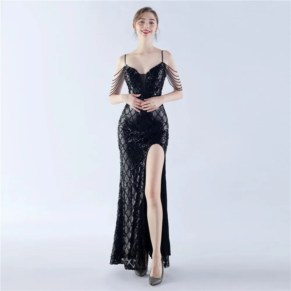 High-End Sequin Beaded Evening Dress – Waist-Tight Open Back Design