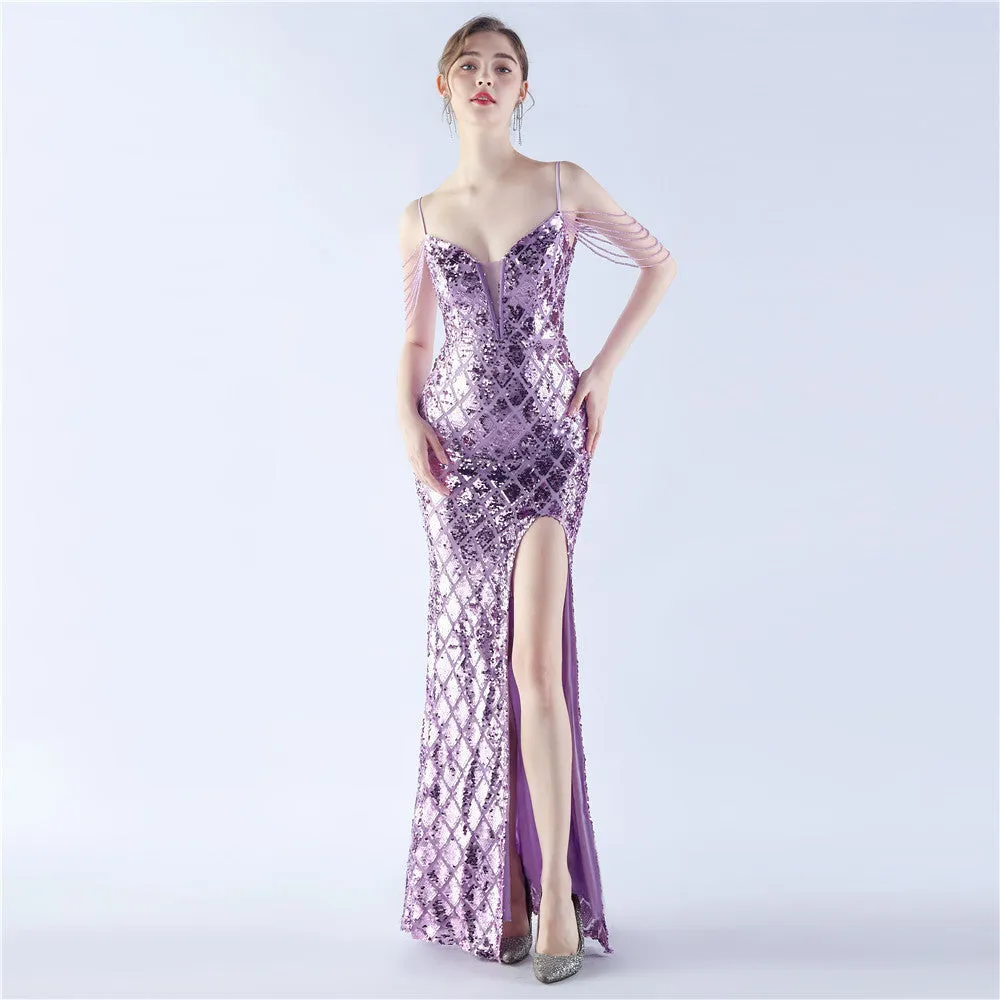 High-End Sequin Beaded Evening Dress – Waist-Tight Open Back Design