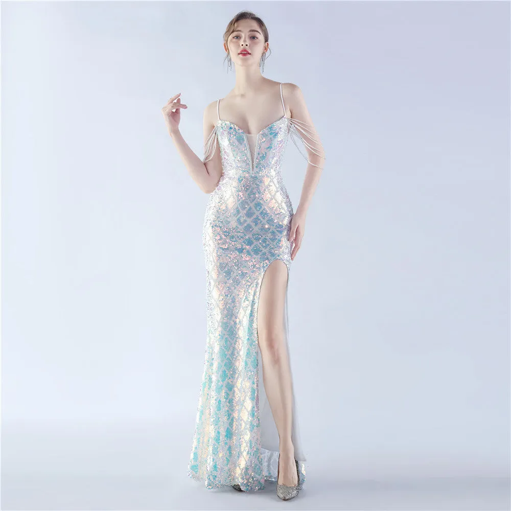 High-End Sequin Beaded Evening Dress – Waist-Tight Open Back Design