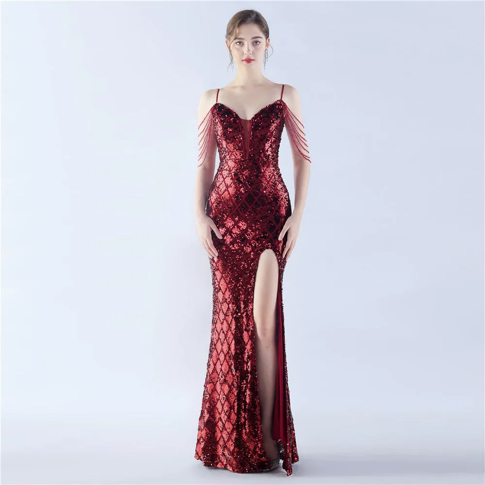 High-End Sequin Beaded Evening Dress – Waist-Tight Open Back Design