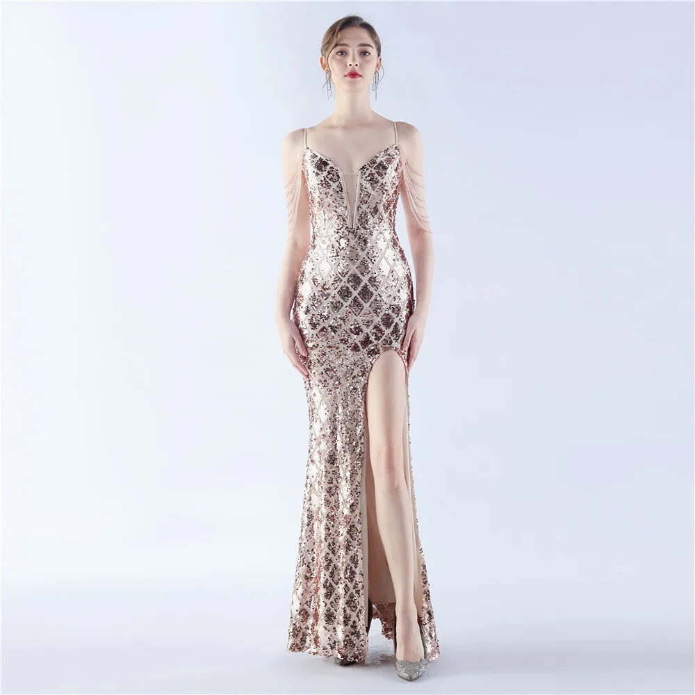 High-End Sequin Beaded Evening Dress – Waist-Tight Open Back Design