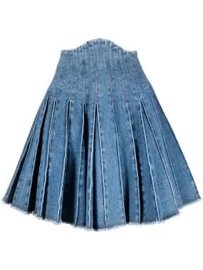 HW BLUE DENIM PLEATED SHORT SKIRT