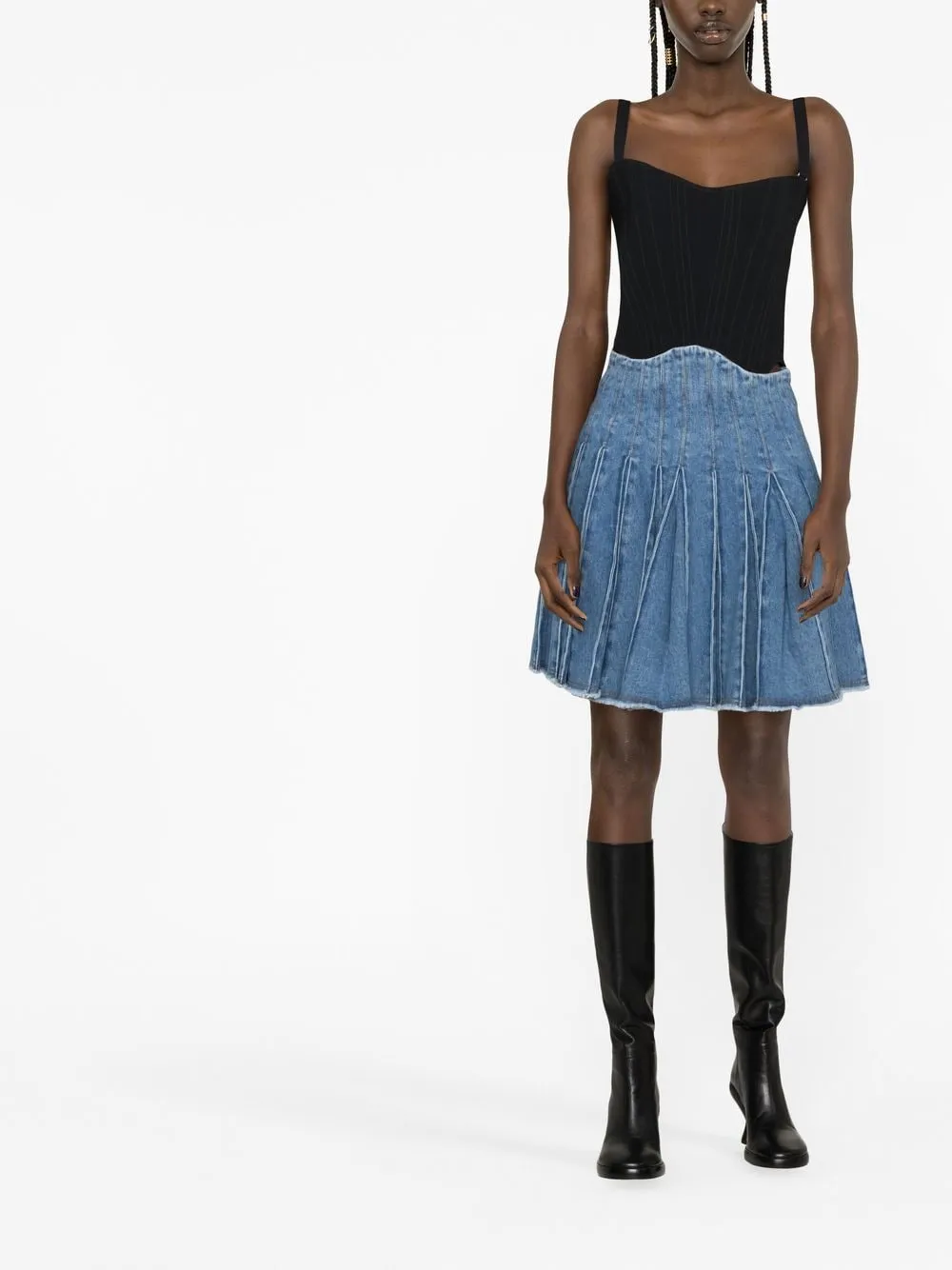 HW BLUE DENIM PLEATED SHORT SKIRT