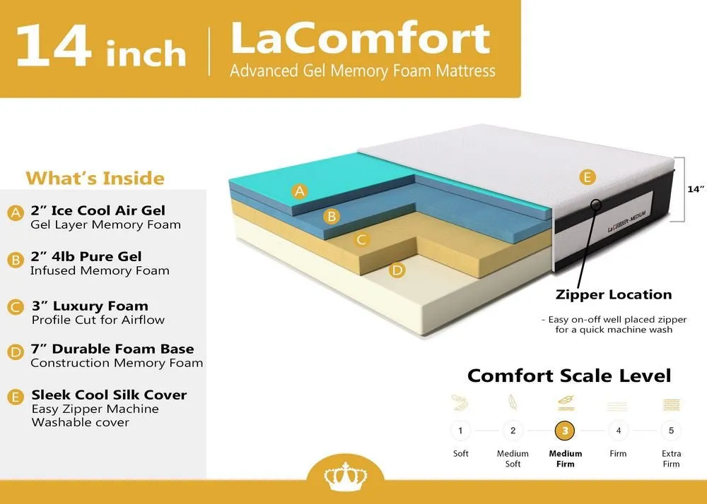 LaComfort 14 Inch Gel Memory Foam Mattress Bed