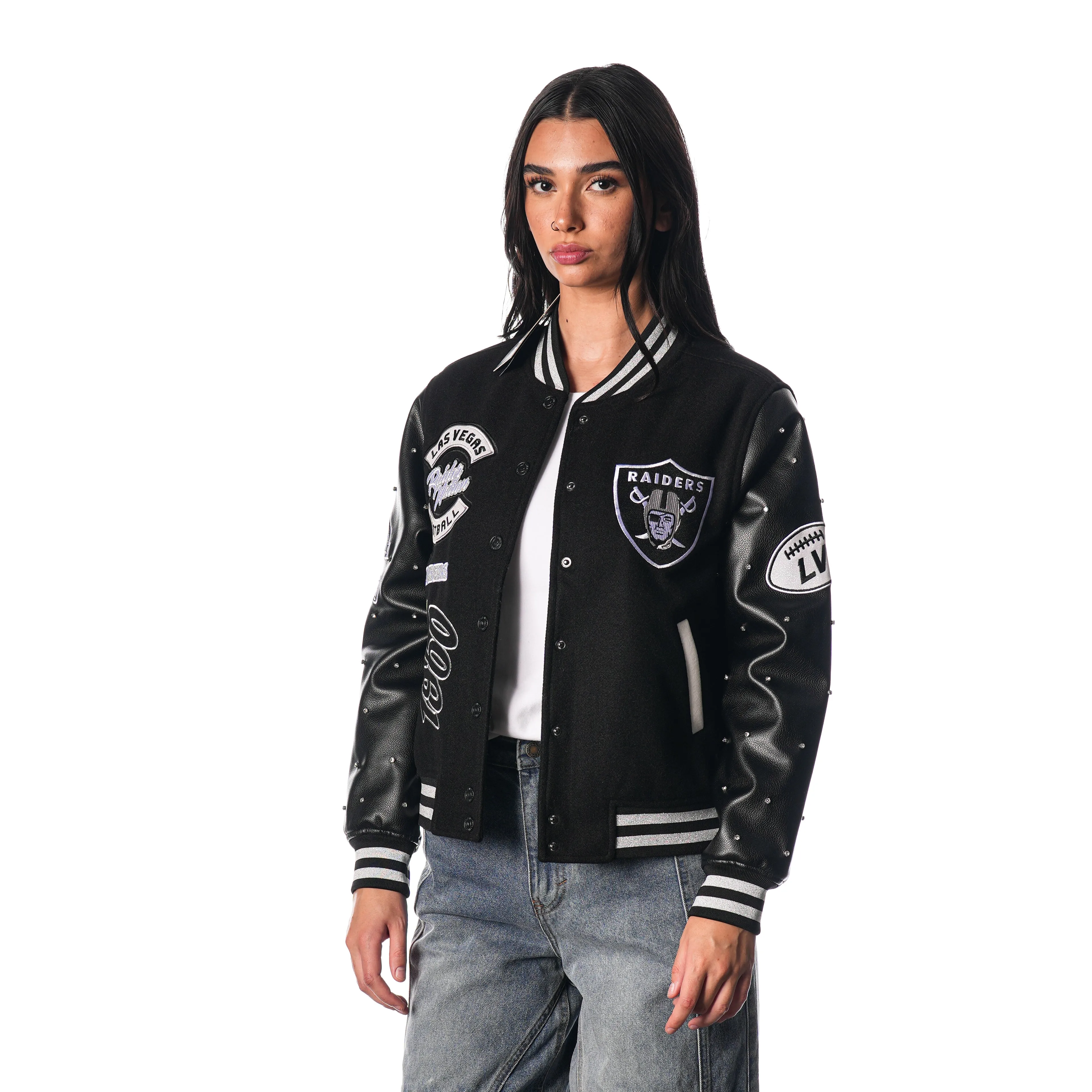 LAS VEGAS RAIDERS VARSITY SPARKLE JACKET - BLACK