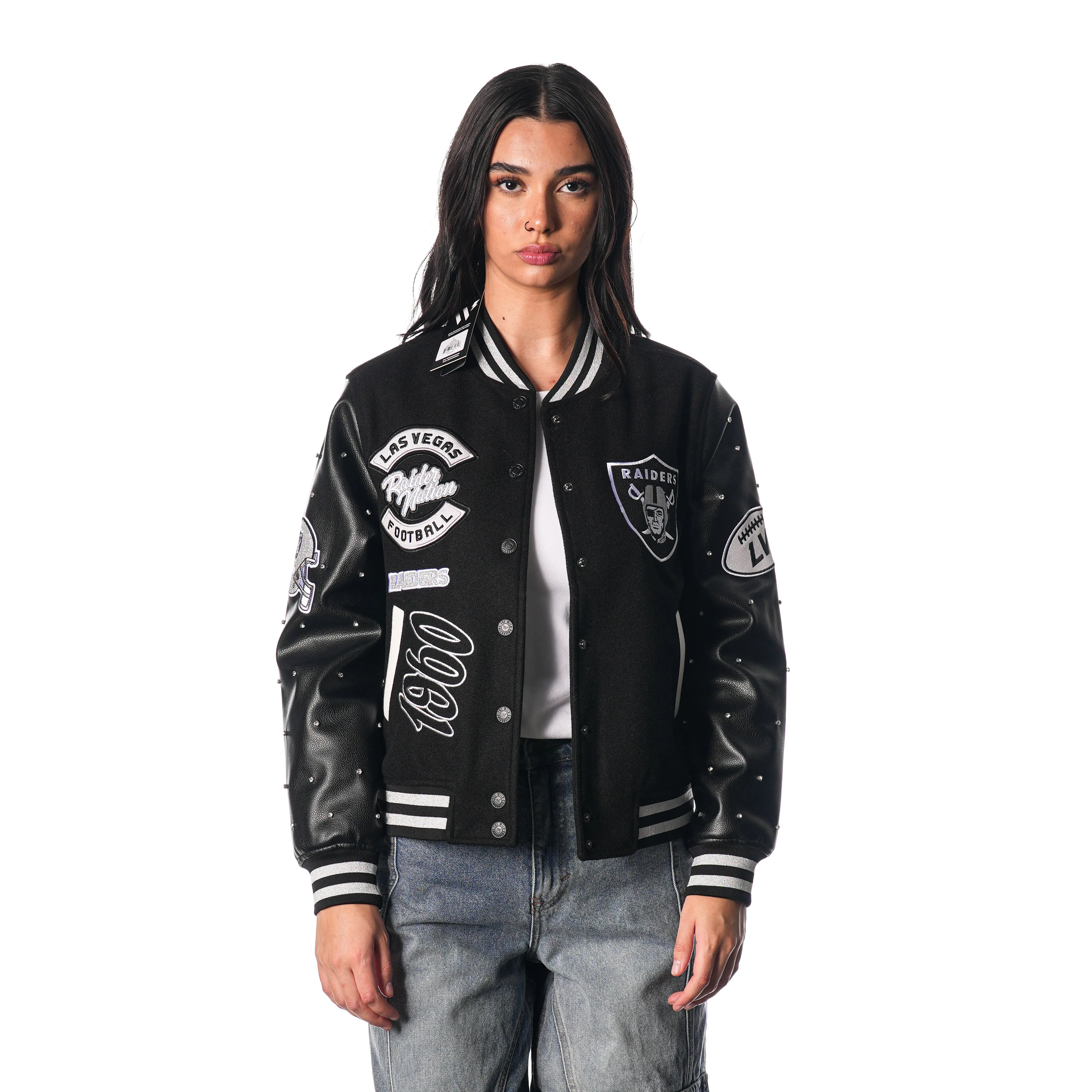 LAS VEGAS RAIDERS VARSITY SPARKLE JACKET - BLACK