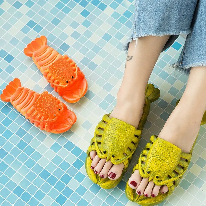 Lobster Cartoon Summer Slippers: Unisex, Flat Platform