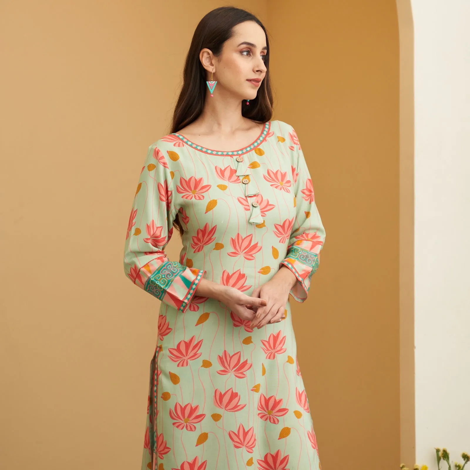 Mint Green Pink Lotus Print Kurta Pant Co-ord Set