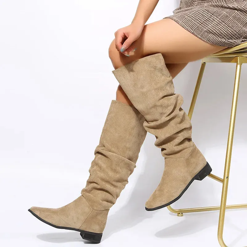 New Quality Pleated Faux Suede Flock Flat Autumn Winter Dress Knee High Boots