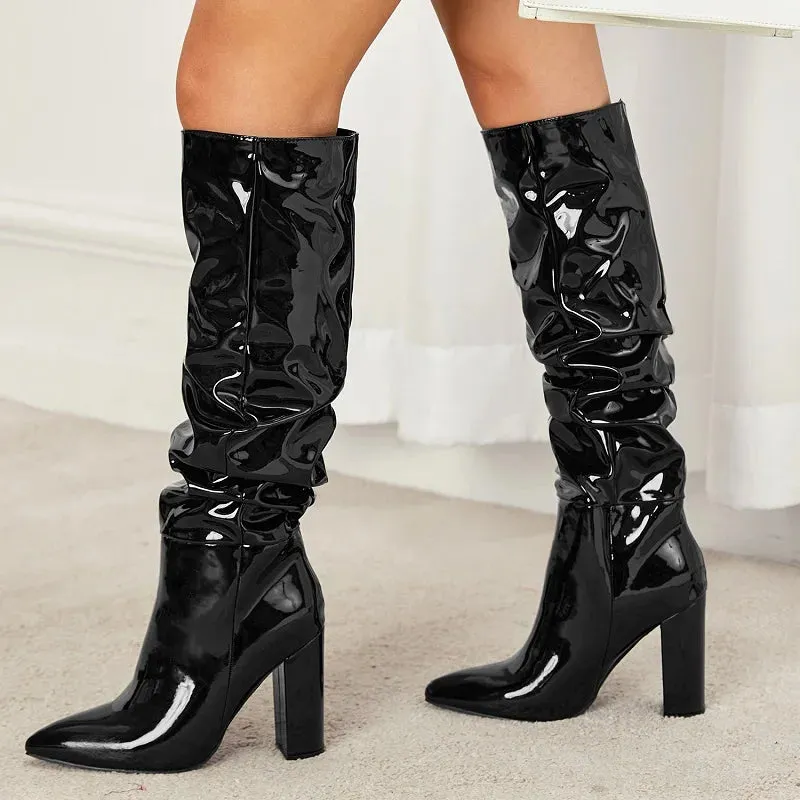 Sexy Street Designer Pointed Toe Patent Leather Chunky Heels Knee High Boots