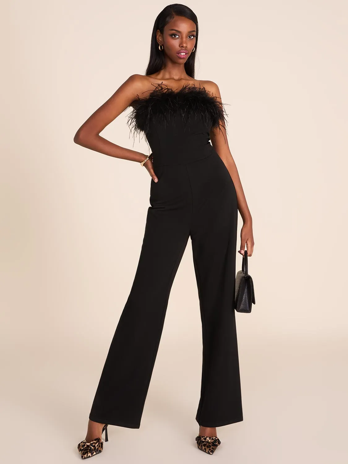 Strapless Jumpsuit With Feather Trim