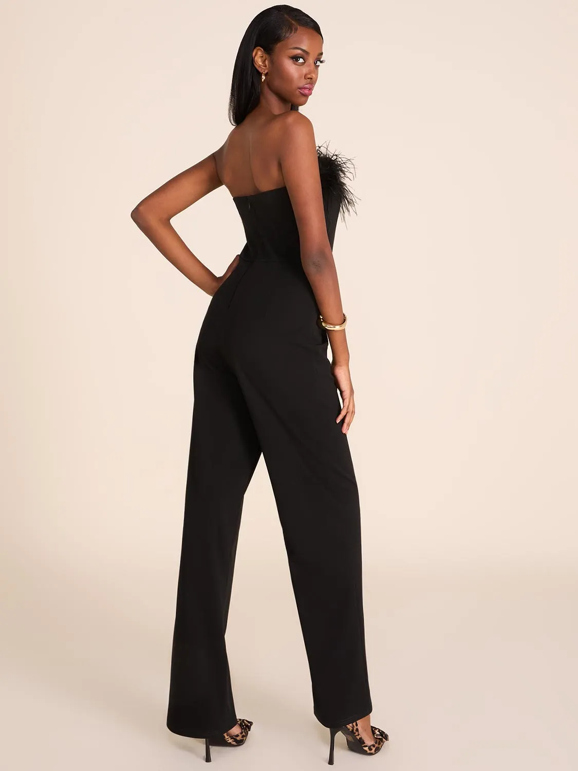 Strapless Jumpsuit With Feather Trim