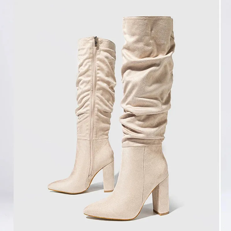 Street Style Pleated Pointed Toe Zip Thigh Square Heel Over The Knee High Boots