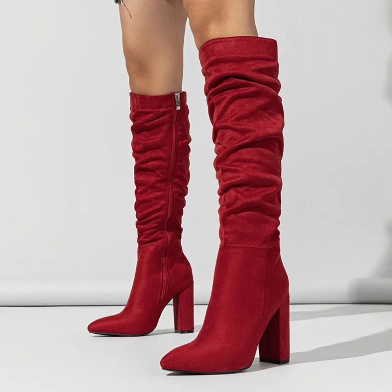 Street Style Pleated Pointed Toe Zip Thigh Square Heel Over The Knee High Boots